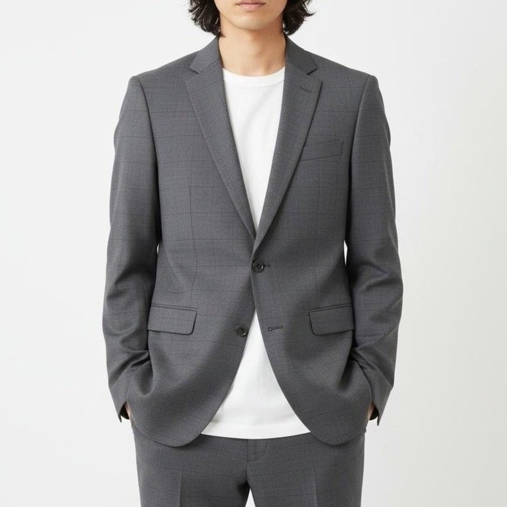 Bar III Slim-Fit Blazer Mens 38L Sharkskin Gray Window Wool Suit Jacket $425 NEW